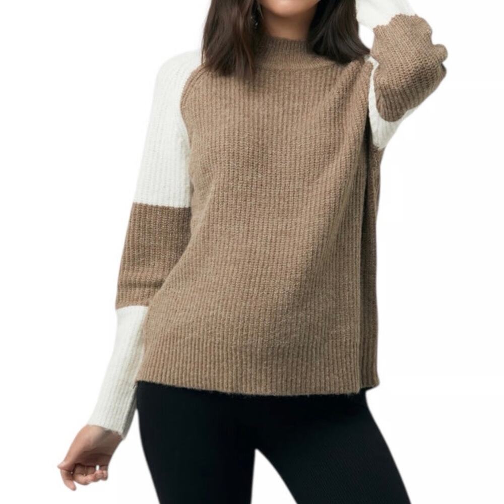 Ripe Maternity Color Block Ribbed Knit Crew Neck Sweater Women's Medium Tan